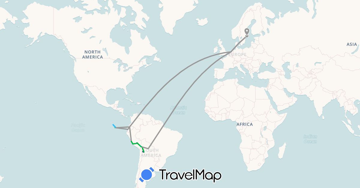 TravelMap itinerary: driving, bus, plane, train, hiking, boat in Bolivia, Ecuador, Netherlands, Peru, Sweden (Europe, South America)
